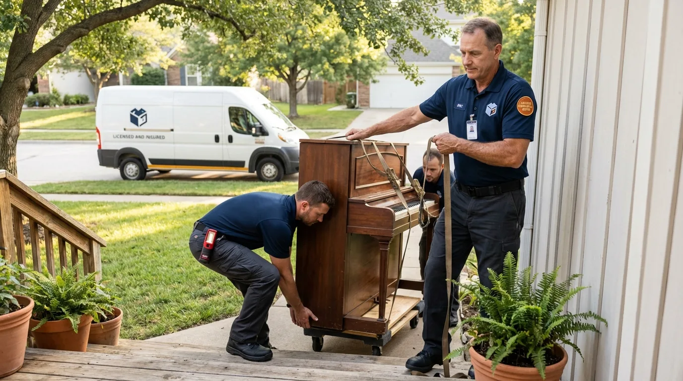 Licensed piano movers securing grand piano in Rio Hondo, TX