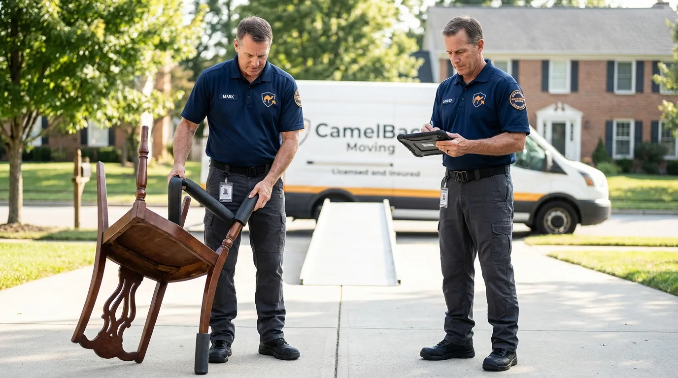 Movers inspecting furniture for damage prevention before loading in Rio Hondo, TX