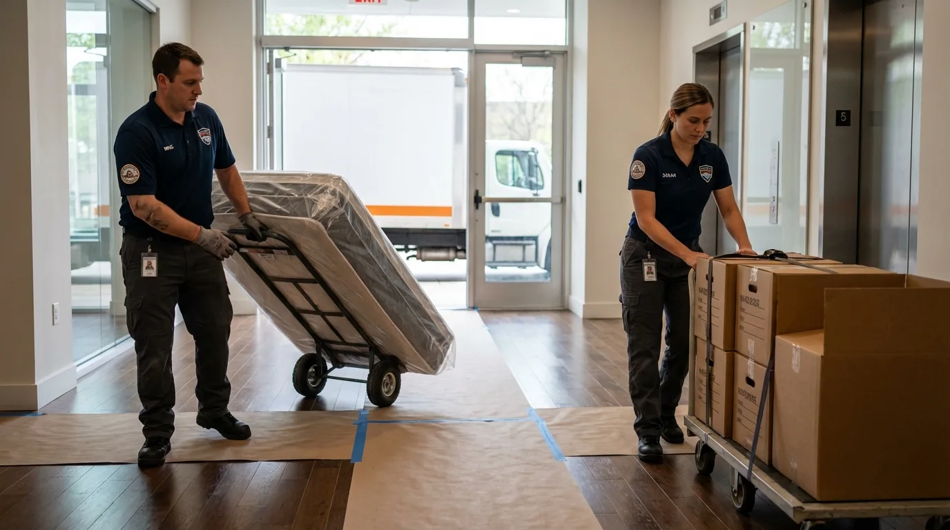 Professional apartment movers loading elevator in Rio Hondo, TX
